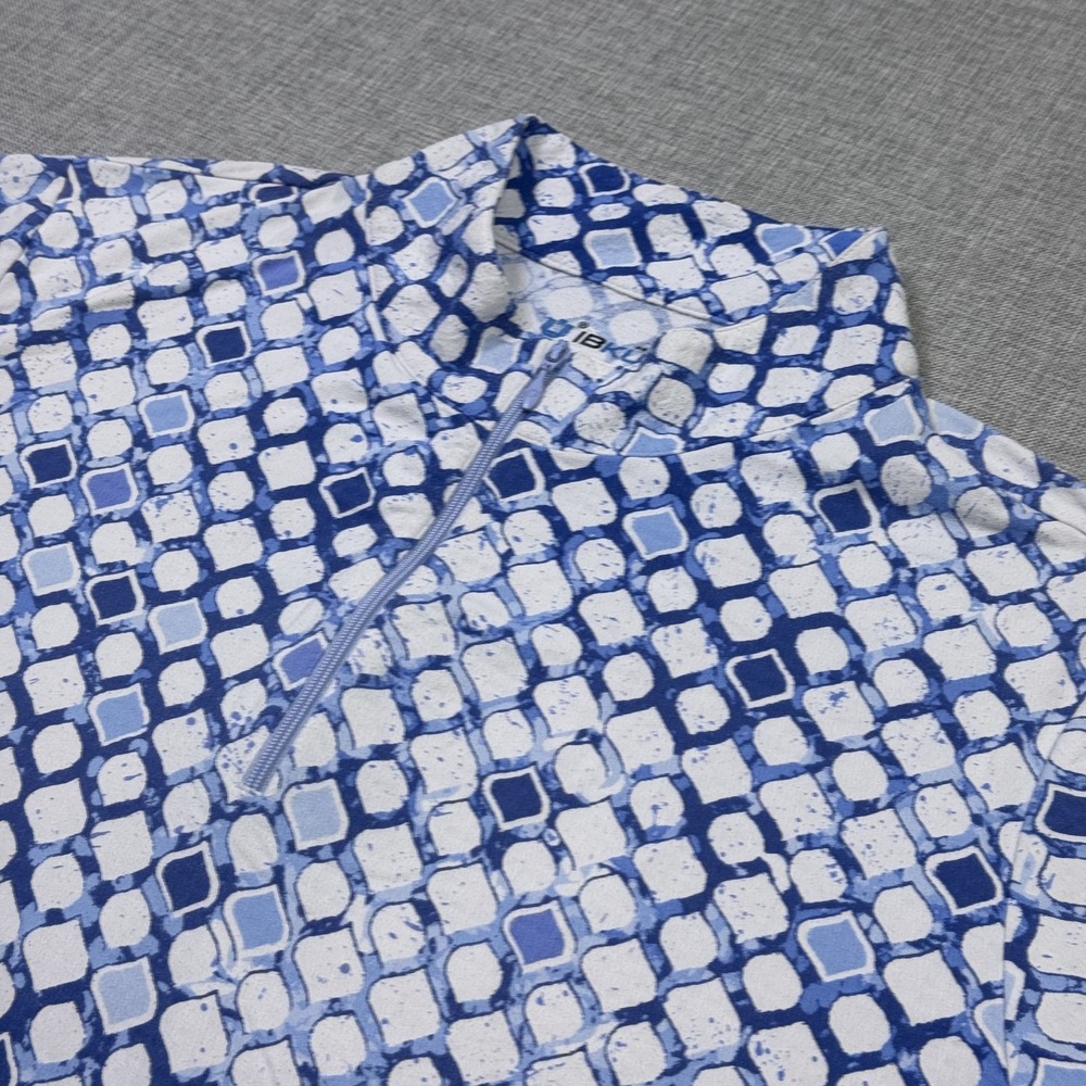 IBKUL Geometric 1/4 Zip Polo Womens XL Blue Mock Neck Short Sleeve Golf Stretch